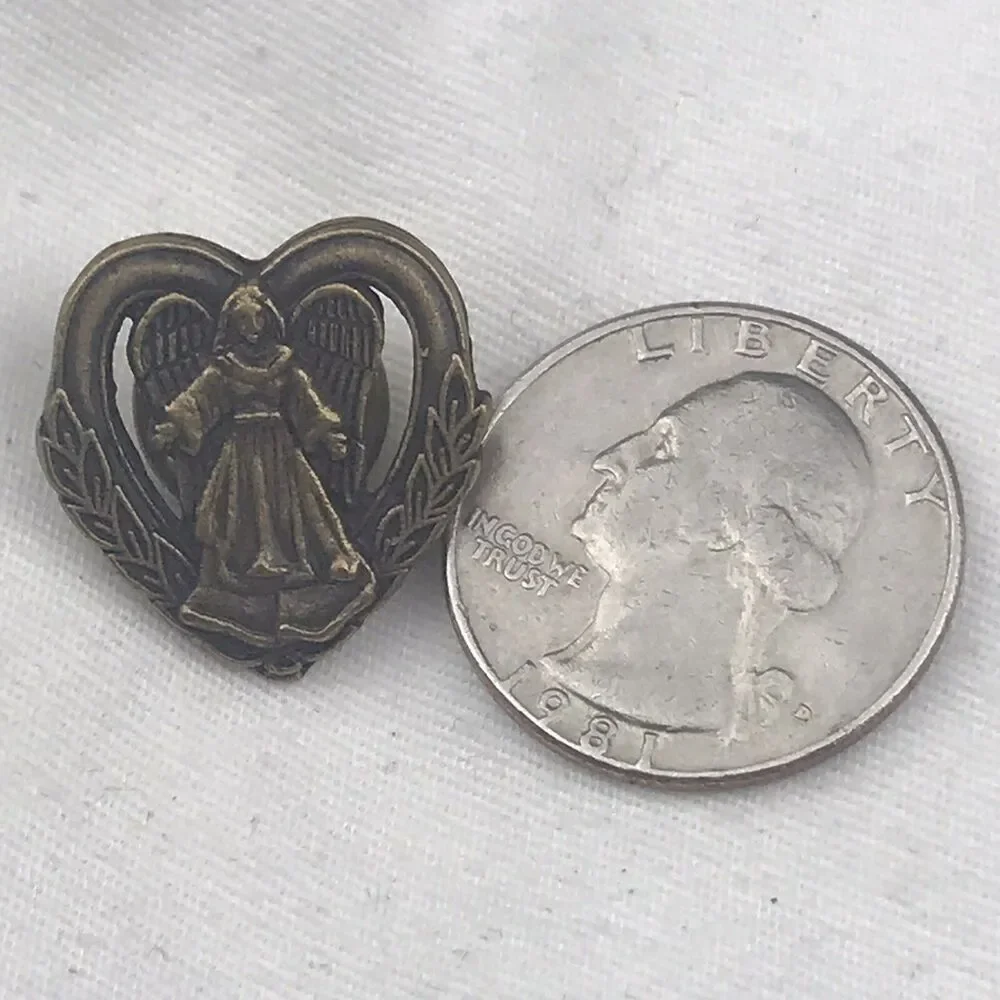 Vintage Heart Shaped Angel Catholic Christian Pin Brass Tone Brooch Protection